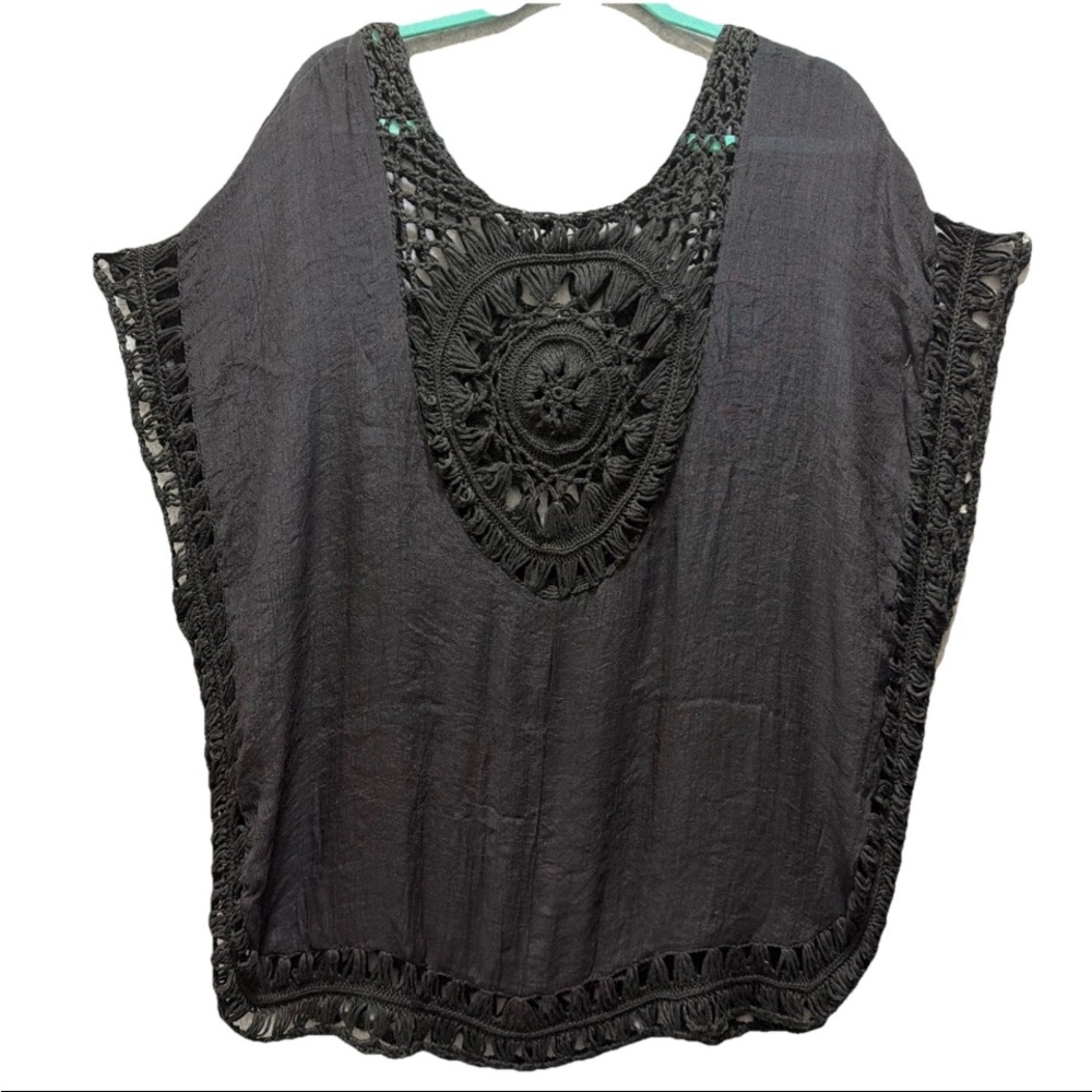 MT Collection Black Swimsuit Coverup Crochet Blouse One Size Boho/Beach/Flowy
